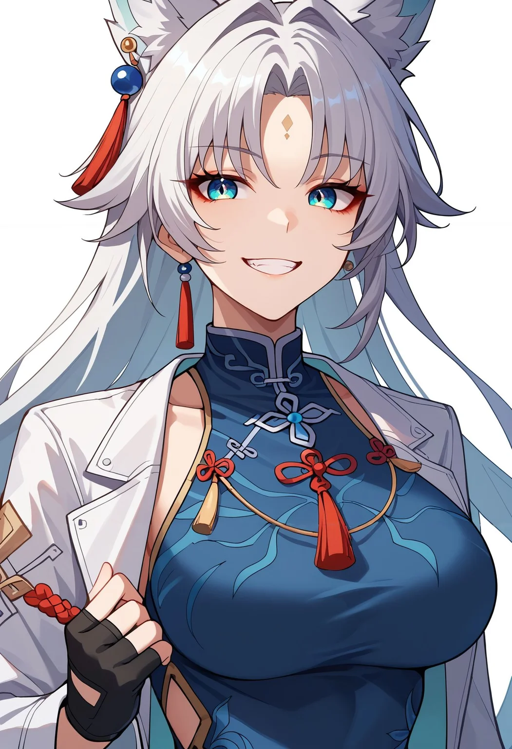 score_9,score_8_up,score_7_up, <lora:feixiao_hsr_pdxl_goofy:1>feixiao-hsr, 1girl, animal ears, solo, looking at viewer, breasts, gloves, jewelry, long hair, bangs, smile, animal ear fluff, open clothes, white jacket, chinese clothes, black gloves, white background, dress, earrings, parted bangs, jacket, upper body, fox ears, simple background, china dress, large breasts, tassel, grin, facial mark, blue dress, fingerless gloves, long sleeves