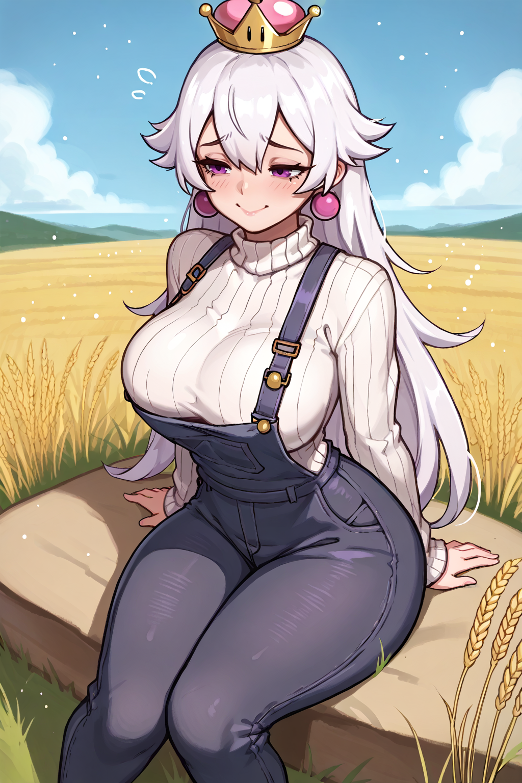 score_9, score_8_up, score_7_up, BREAK  <lora:NSBooetteMari:1> NSBooetteMari, white hair, hair flaps, long hair, pale skin, hair between eyes, purple eyes, large breasts, crown, ball earrings, pink earrings, black overalls, white sweater, black thighhigh, sleepy, smile, sitting, outdoors, wheat field, snowing