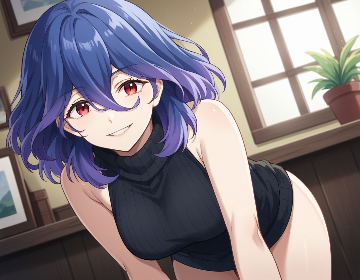score_9, score_8_up, score_7_up, source_anime,
vermeil, <lora:vermeil-s1-ponyxl-lora-nochekaiser:1>,
vermeil, red eyes, hair between eyes, blue hair, purple hair, multicolored hair, medium hair,
sweater, bare shoulders, sleeveless, turtleneck, black sweater, thighs,
indoors, bent over, smile,
looking at viewer, cowboy shot, solo, dutch angle,