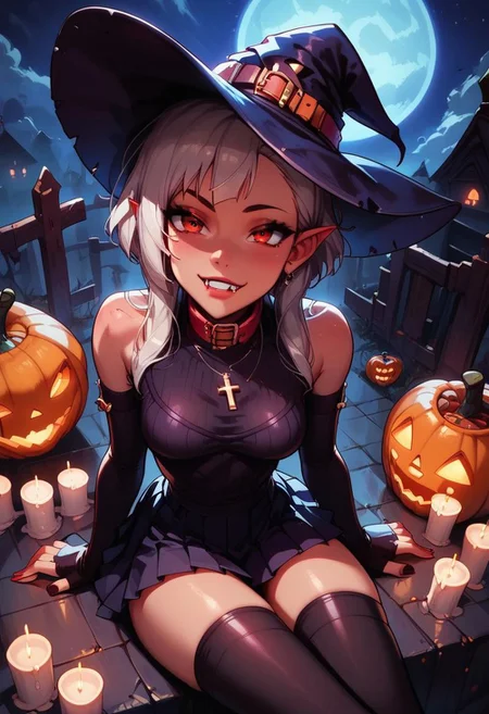 score_9, score_8_up, score_7_up, score_6_up.
break;
Ana, perfect face, witch, red eyes,
bobbed hair, white hair, black ribbon, orange witch hat, red collar, cross necklace, black off the shoulder knitted sweater, pleated skirt, thigh highs, elbow sleeves,
Break;
Ana is sitting legs crossed on a headstone in a haunted graveyard, (Halloween night), dark, shadows, from above. Floating ghosts, fog, candle light, night sky, enchanted moon, (pumpkins), (jack-o-lanterns).
Break;
easynegative, Expressiveh, g0thicPXL, glowing, neon,