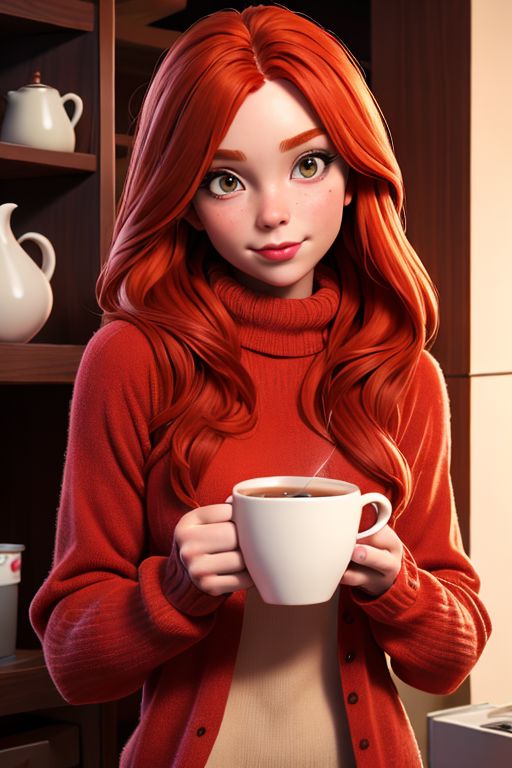real photo, a very beautiful red-haired girl in a warm sweater drinks coffee
