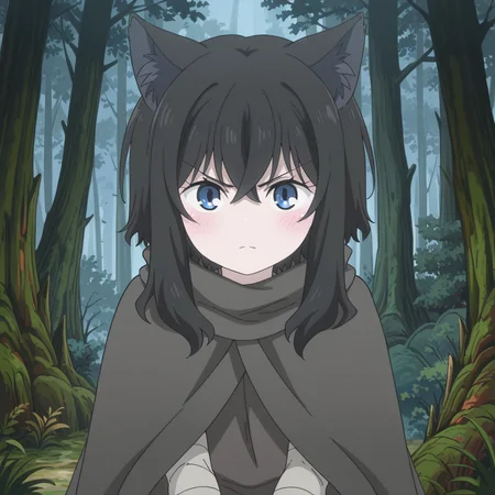 nsfw, masterpiece,best quality,amazing quality,1girl, solo, reincarnated_as_a_sword_fran, animal ears,black hair, blue eyes, cloak, animal ear fluff, cat ears, v-shaped eyebrows, bangs, looking at viewer, bandages, closed mouth, forest, blush, hair between eyes, tree, nature, outdoors, <lora:Fran_-_Reincarnated_as_a_Sword:0.7>