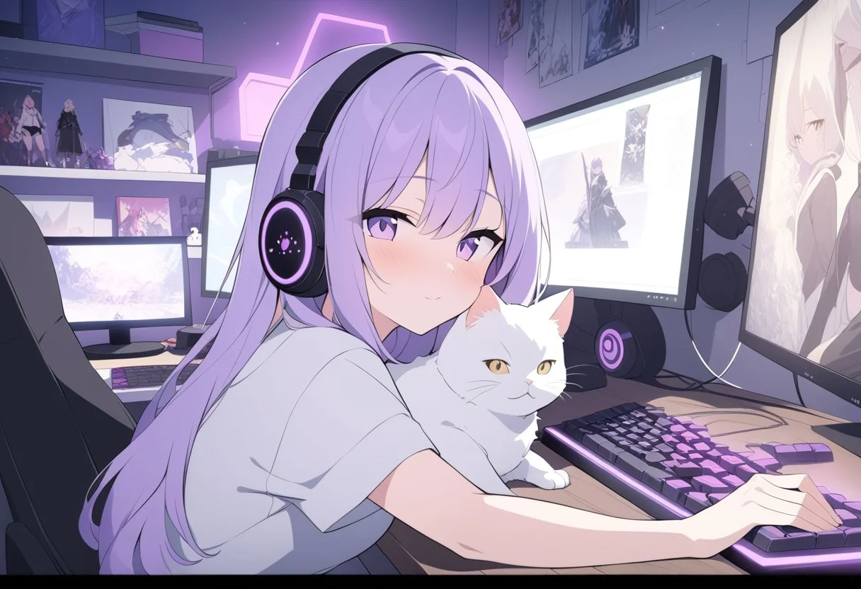 a gamer girl, a room with abundant purple, elegance on the walls, decorative posters, purple LED lights, a shelf full of action figures and collectibles, a desk with a powerful computer, mechanical keyboards and ergonomic mice, high-quality headphones, lights bright LEDs setting the space, ultra-wide screen to immerse yourself in the game, soft purple carpet under your feet, caressing a kitten with soft fur, looking at viewer, head-on, petting cat, high quality anime, anime masterpiece, anime style