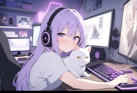 a gamer girl, a room with abundant purple, elegance on the walls, decorative posters, purple LED lights, a shelf full of action figures and collectibles, a desk with a powerful computer, mechanical keyboards and ergonomic mice, high-quality headphones, lights bright LEDs setting the space, ultra-wide screen to immerse yourself in the game, soft purple carpet under your feet, caressing a kitten with soft fur, looking at viewer, head-on, petting cat, high quality anime, anime masterpiece, anime style