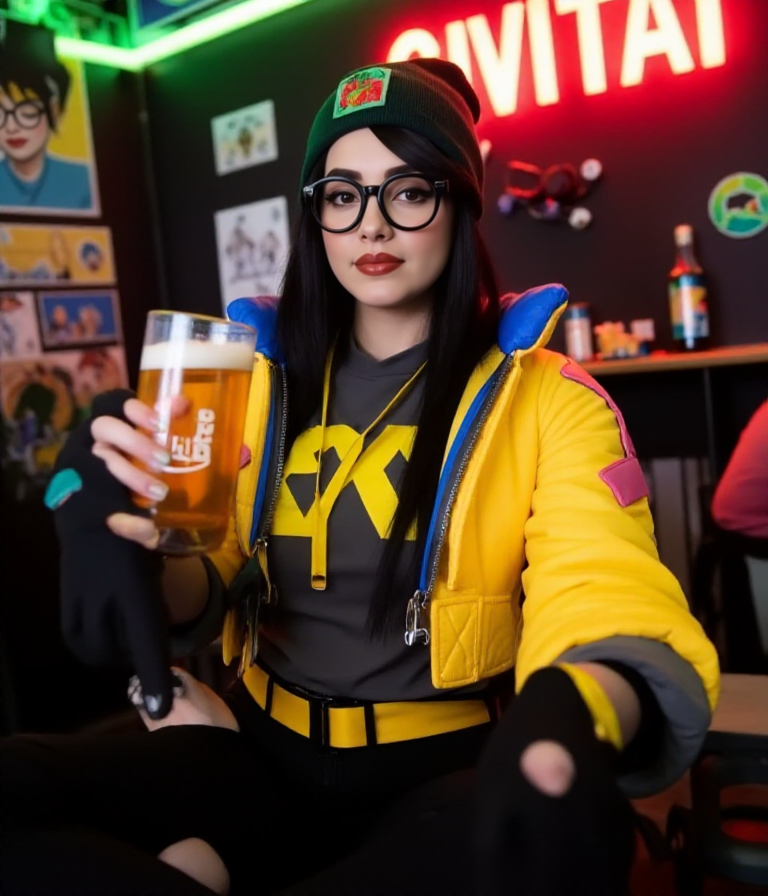 She holds a beer in a pub. A neon sign says "CIVITAI".  <lora:Killjoy:0.9> killjoy, a woman with a yellow jacket, black glasses, green hat, black pants.