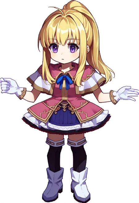 score_9, score_8_up, score_7_up, source_anime BREAK 1girl, solo, <lora:zs_FFVIIChibisXL_1:1> ffviichibis, chibi, standing, full body, white background, <lora:ClarineFE-pdxl:1> altClarine, long hair, ponytail, sidelocks, pink shirt, capelet, neck ribbon, frilled skirt, white gloves, black thighhighs, white thigh boots