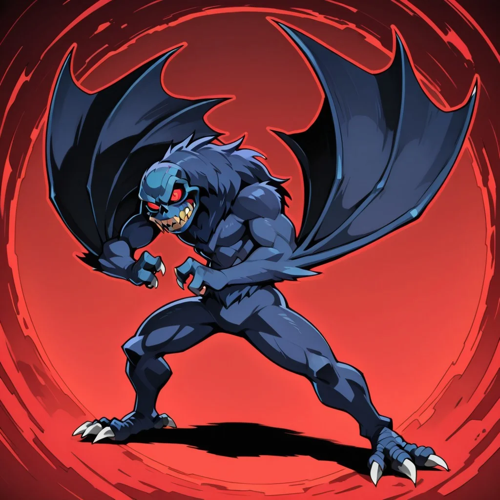 gurlagcatch, solomon, kaiju, demonic kaiju, no humans, humanoid, skull face, monster, dark blue fur, dark blue skin, glowing red eyes, sharp teeth, humanoid arms, sharp claws, white claws, bat wings coming out of his arms, 4-fingered hands, bird feet with 2 fingers, solo, dynamic angle, thick outline, wide shot, dynamic pose, dramatic shadow,