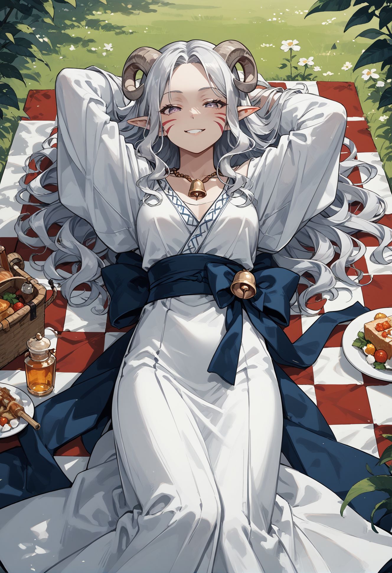 score_9, score_8_up, score_7_up, best quapoty, highres, absurdres, source_anime, 1girl, tiefling_bard_diana, red whisker_markings, silver long wavy hair, bell necklace, short pointy ears, purple eyes, robe, <lora:Test_Diana:0.6>, Lying on a picnic blanket, hands behind the head, watching clouds drift by with wonder., Haunted shipwreck with friendly ghost sailors and hidden treasures.,