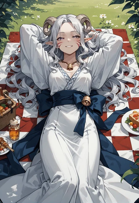 score_9, score_8_up, score_7_up, best quapoty, highres, absurdres, source_anime, 1girl, tiefling_bard_diana, red whisker_markings, silver long wavy hair, bell necklace, short pointy ears, purple eyes, robe, <lora:Test_Diana:0.6>, Lying on a picnic blanket, hands behind the head, watching clouds drift by with wonder., Haunted shipwreck with friendly ghost sailors and hidden treasures.,