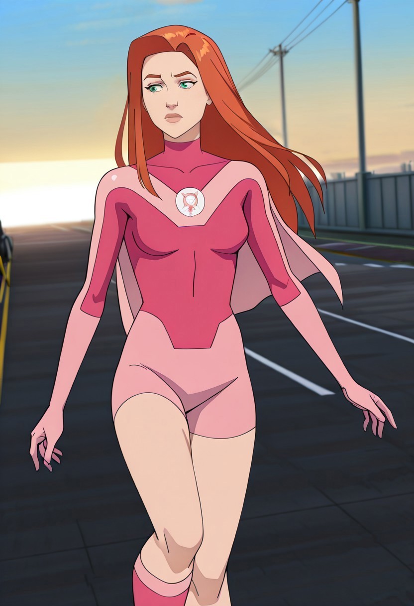 safe_pos, masterpiece, best quality, newest, absurdres, highres, 1girl, AT0Meve-INVPACK-JustEve.V1.0, redhead, long hair, ginger, orange hair, green eyes, AT0Meve-INVPACK.V1.0-Superherooutfit, pink bodysuit, superhero, cape, short cape, leotard, gloves, knee boots, pink footwear boots,