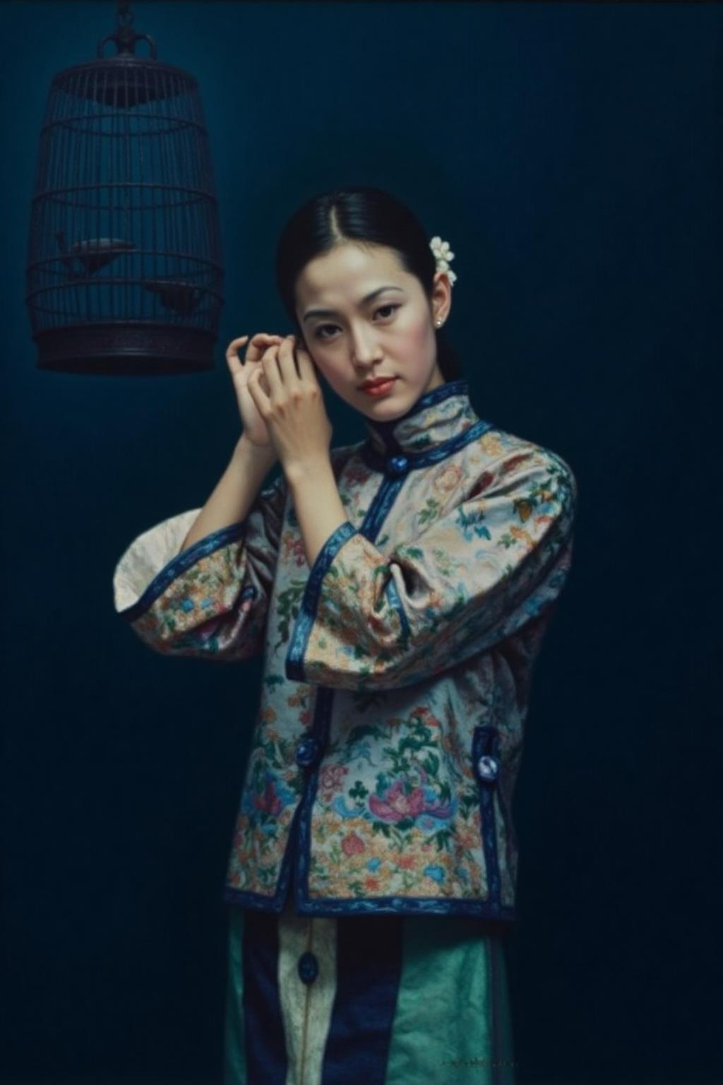 chenyifei1 painting.
A young woman wearing a traditional cheongsam stands against a dark blue background. Her hair is styled in a simple, neat updo adorned with a white flower on the left side. She is putting on an earring. She is looking directly at the viewer. On the left, there is an empty birdcage hanging from the ceiling.
 <lora:chenyifei1_cap_d6a3:1.0><lora:839113468914311712:0>