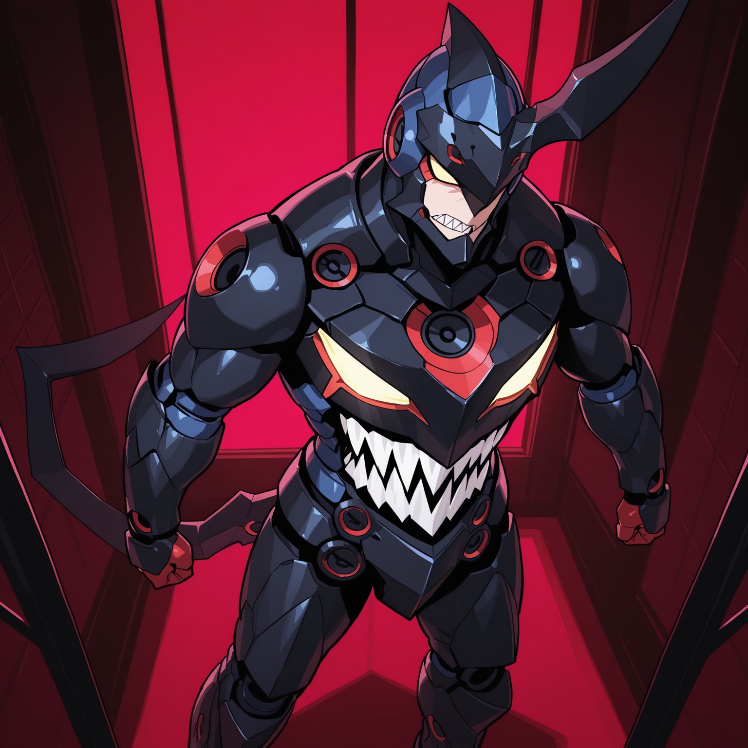 2d, solo, Lazengann, mecha, mechanical tail, humanoid, single horn, black armor, multicolored armor, helmet, tall, yellow eyes, no pupils, belly mouth, sharp teeth

BREAK indoors, red hue, standing, from above

BREAK best quality, amazing quality, very aesthetic, absurdres, newest, masterpiece, high quality 