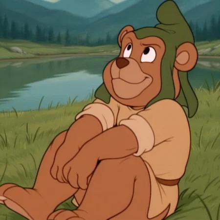 masterpiece, best quality, amazing quality, gruffi, male, furry male, anthro, solo, bear, brown fur, black eyes, tan muzzle, brown nose, paw pads, short, green hat, brown shirt, brown belt, smile, sitting down, arms over legs, looking up, on grass, outdoors, lake, rocks,