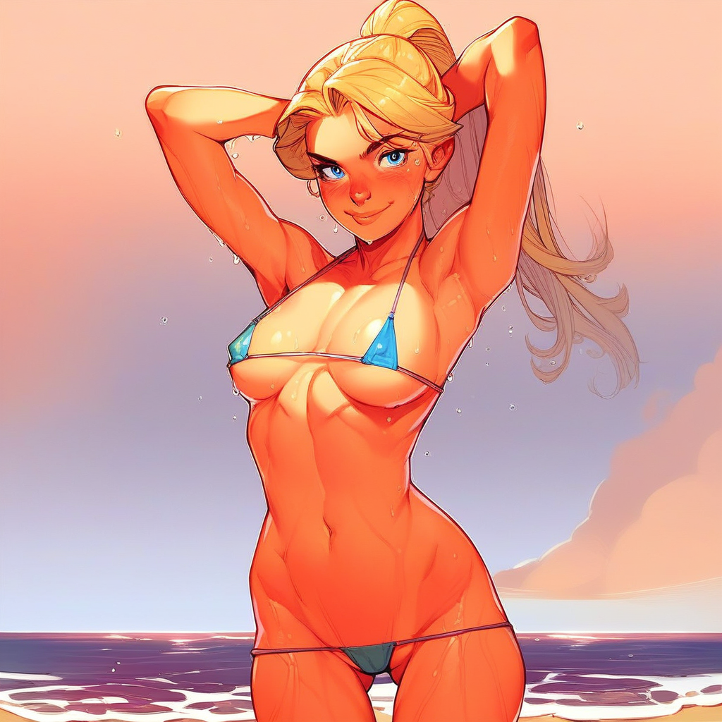 score_9, score_8_up, score_7_up, source_cartoon BREAK 1girl, solo, blonde hair, long hair, high ponytail, blue eyes, looking at viewer, blush, smile, hetero, micro bikini, navel, cowboy shot, standing, thigh gap, gluteal fold, hands behind head, armpits, beach, outdoors, sea, wet, sexy, perky breasts, rating_questionable