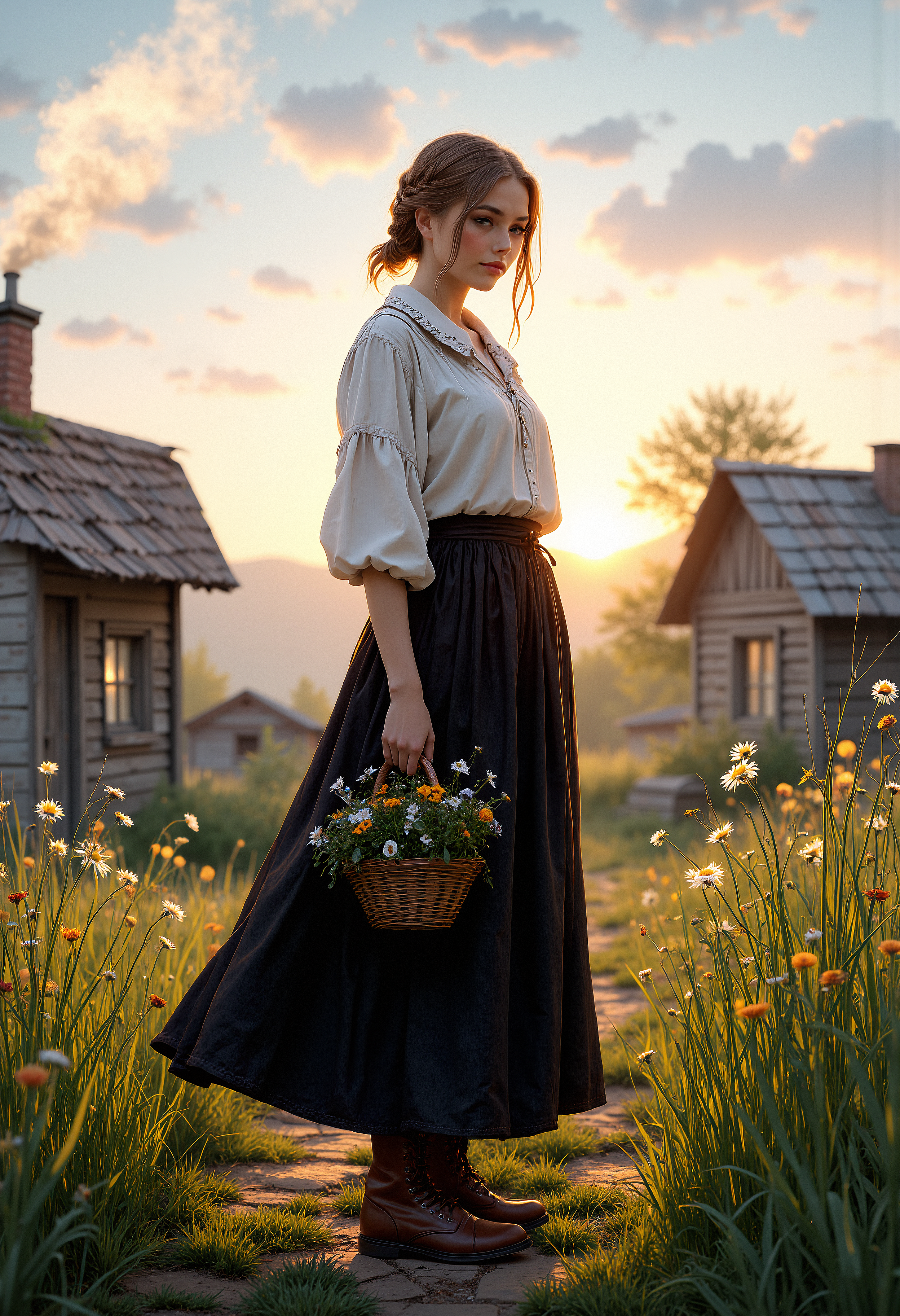 A modest Russian village girl, dressed in a simple white blouse and a long dark skirt, standing on a dirt path at dawn. Her hair is tied back in a loose braid, with a few strands escaping and gently swaying in the early morning breeze. She holds a small basket filled with wildflowers in one hand, and her other hand rests softly on her skirt. The sky is painted with soft pastel colors of dawn, with the first rays of the sun touching the horizon. The background shows traditional wooden houses, with smoke gently rising from their chimneys, surrounded by fields covered in morning dew. The atmosphere is peaceful and serene, with a sense of calmness as the village awakens to a new day.   <lora:FluxMythP0rtr4itStyle:0.8> MythP0rt,  <lora:aidmaImageUpgrader-FLUX-V0.1:0.33> detailmaximizer, <lora:Sinfully_Stylish_.02_for_FLUX-000002:0.1>