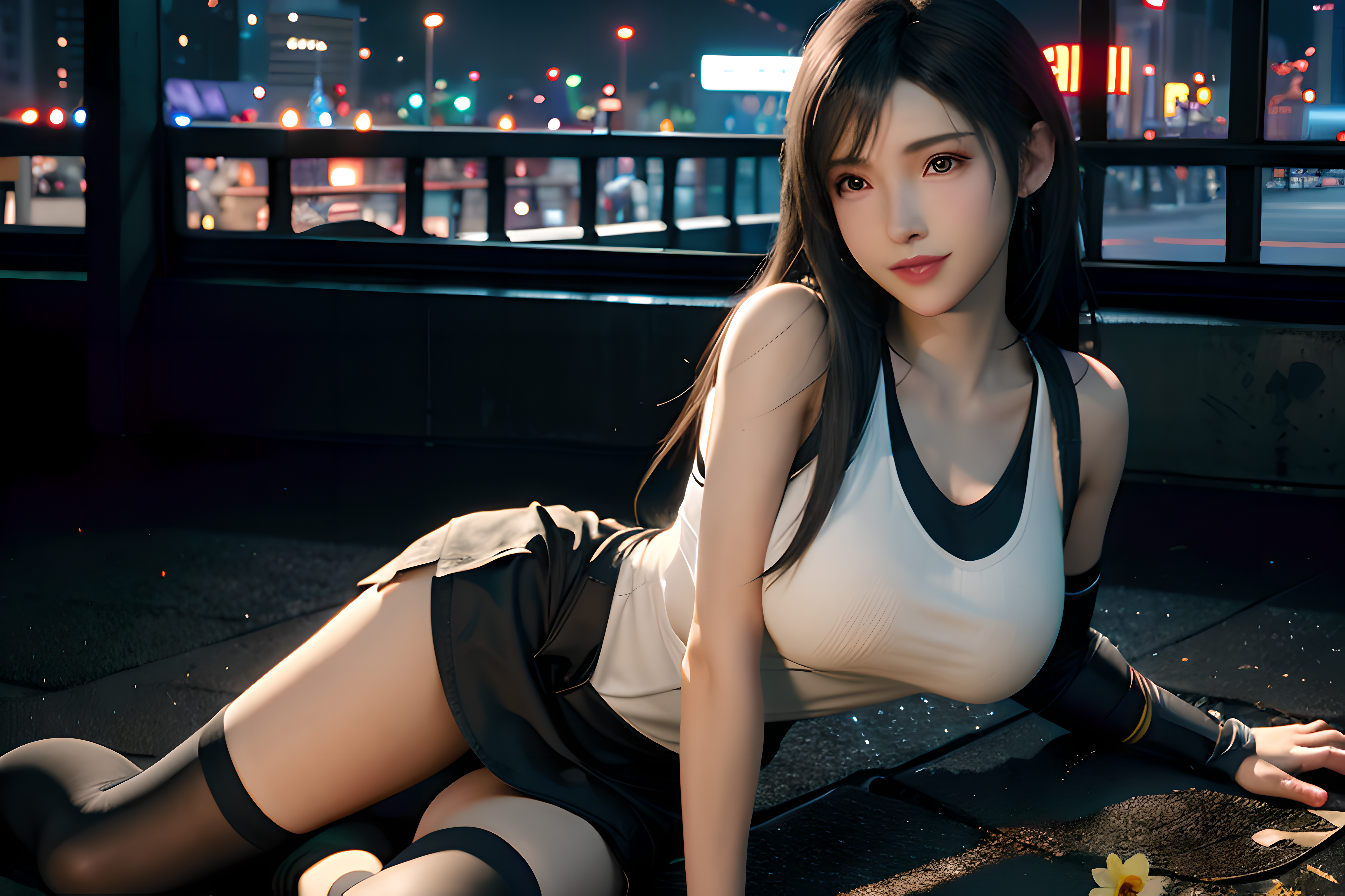 pureerosface_v1,ulzzang-6500,corneo_covering_breasts_one_arm, ass, <lora:koreanDollLikeness:0.15>, <lora:tifa_v2.3:0.7>, (8k, best quality, masterpiece:1.2), (realistic, photo-realistic:1.37), ultra-detailed, 1 girl,cute, solo, ((tifa lockhart,tifa tifa lockhart's sporty dress)), (big breasts),(beautiful detailed eyes), (smile:1.2), (closed mouth), arms behind back, neon lights, cityscape, depth of field, dark intense shadows, sharp focus, cars, motion blur, motor bikes, depth of field, good composition, green glowing light, Final Fantasy VII, dating,(nose blush), single elbow pad, black hair, red shoes, muscular,abs,taut shirt,black skirt, thighhighs, full body, head rest, lips, pretty face, low-tied long hair, ((red_eyes)), yellow flowers, (night:1.3), intricate, bokeh, cinematic lighting, photon mapping, radiosity, physically-based rendering, (Tetsuya Nomura style)