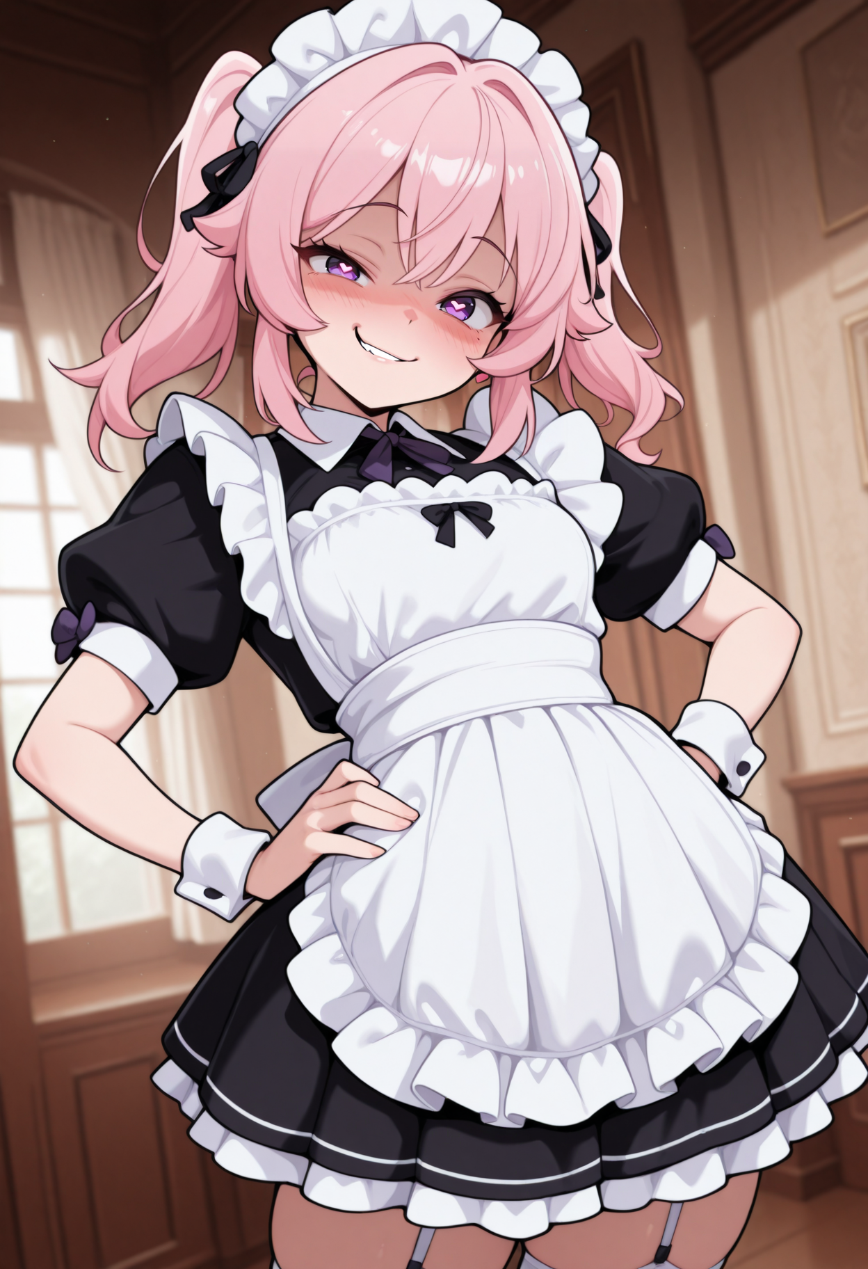 masterpiece, best quality, amazing quality,
1girl, CivChan, purple eyes, pink hair, maid uniform, heart-shaped pupils, hand on hip, smirk, blush, looking at viewer,   <lora:CivChan:1>, cowboy shot,  <lora:necrodancerStyle_illustrious_byJaneB:1> necrodancerstyle
