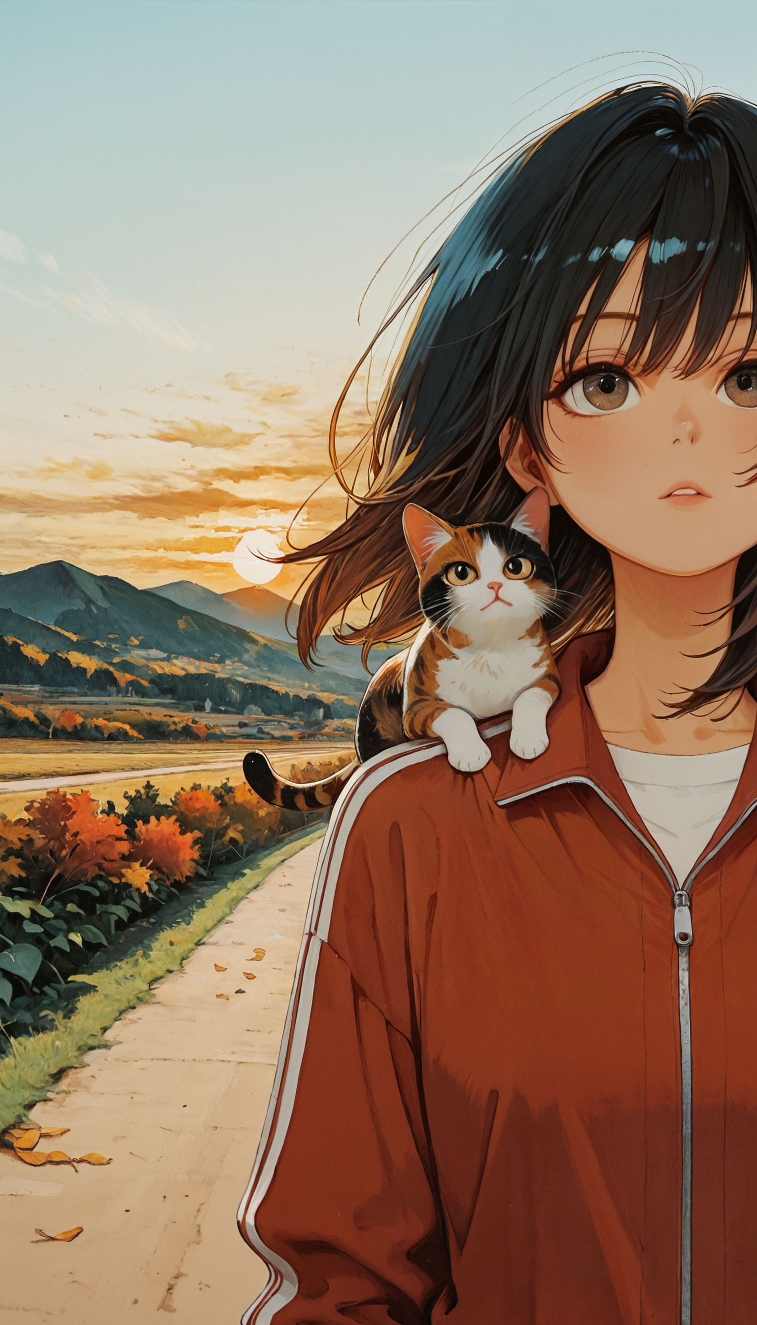 1woman, 1cat on shoulder, track suit, morning breeze, country road, sunrise, leaves, wind, k4_illu, close up, oil painting \(medium\) BREAK masterpiece, very aesthetic, absurdres, drop shadow, real life, casual, abstract, watercolor, traditional media, scan, blending