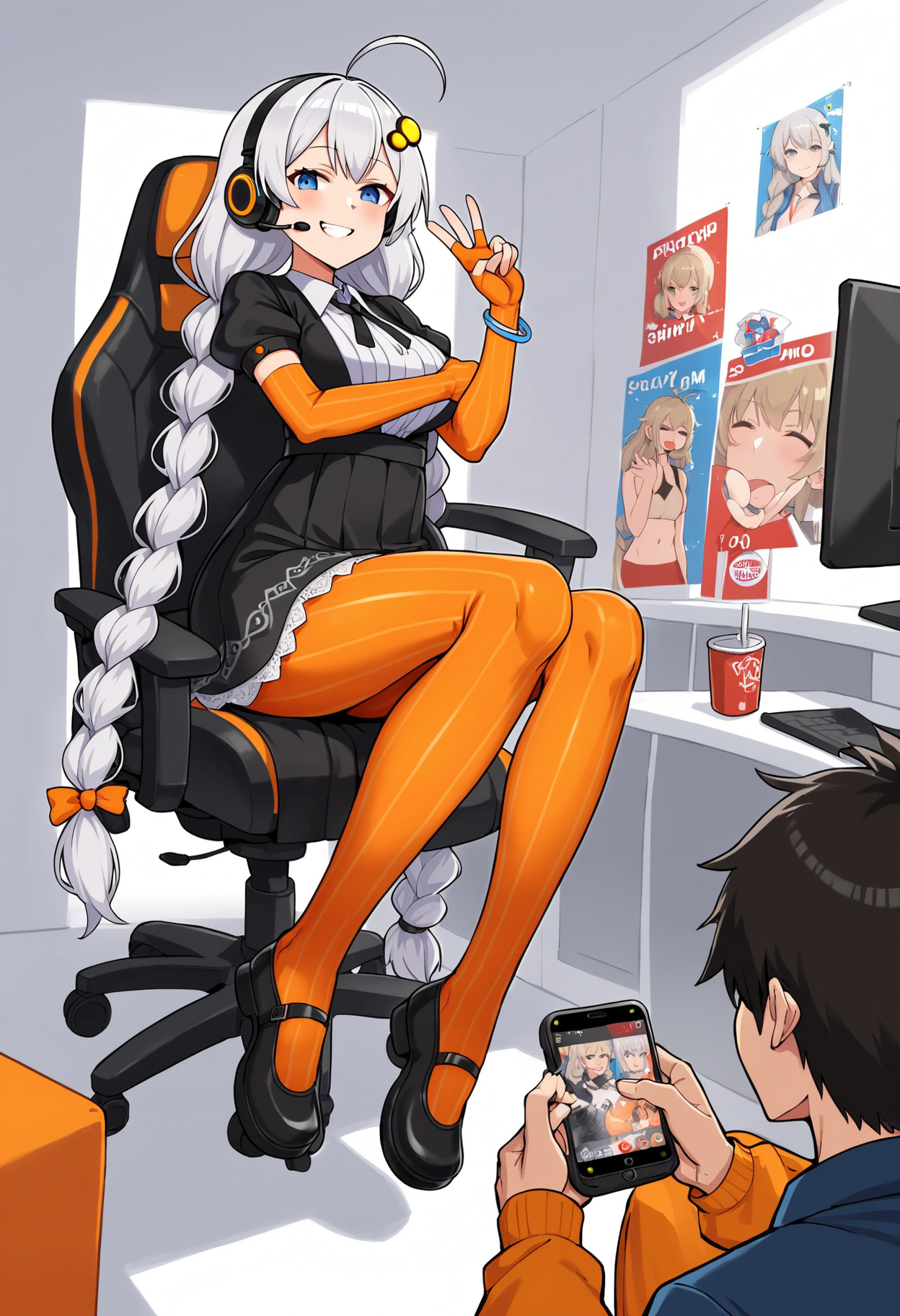 score_9, score_8_up, score_7_up,
<lora:KizunaAkari_MMD_Pony_V1:0.95>blue eyes, grey hair,  ahoge, twin braids, braid, very long hair, hair ornament, hair tubes, headphones, headset,
black dress,  lace-trimmed dress, short sleeves, puffy sleeves,
orange gloves, striped gloves, elbow gloves, fingerless gloves, bracelet,
orange pantyhose, striped pantyhose,
star print, star (symbol), vertical stripes,
from above,, looking down,, full body,,
Streamer room, gaming chair, gaming PC, game equipment, controller, TV monitor, PC monitor, headphones, headset, anime poster, game poster,foods, Holding food ,
smile,upper body,huge brests,
smug, smirk, blush,peace sign,