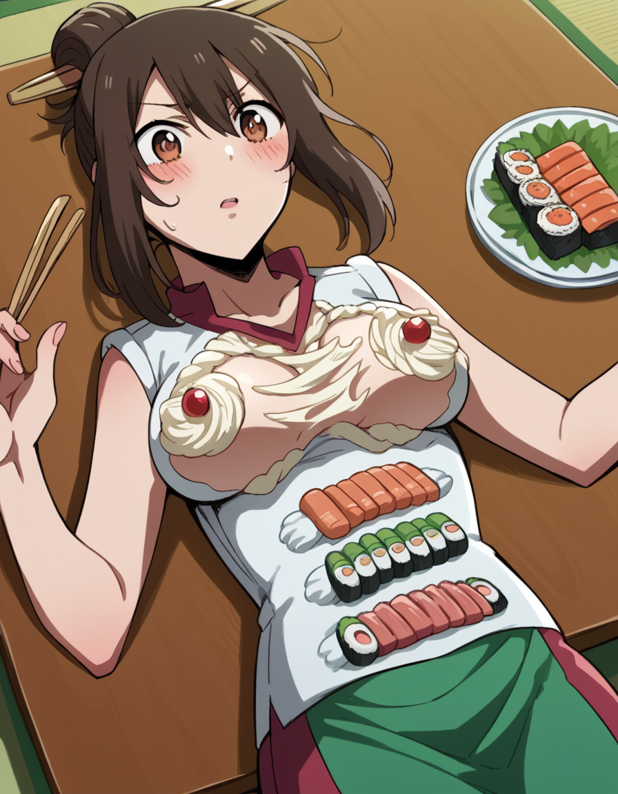 score_9, score_8_up, score_7_up, source_anime, <lora:nozomi-ishizawa-s1-ponyxl-lora-nochekaiser:1>, nozomi ishizawa, skirt, large breasts, brown hair, hair ornament, brown eyes, single hair bun,, <lora:nyotaimori-ponyxl-lora-nochekaiser:1>, nyotaimori, sashimi, food on body, sushi, wasabi, soy sauce, cream, whipped cream, food on breasts, food, cream on body, thighs,, indoors, table, on back, on table, blush,, , dutch angle, cowboy shot