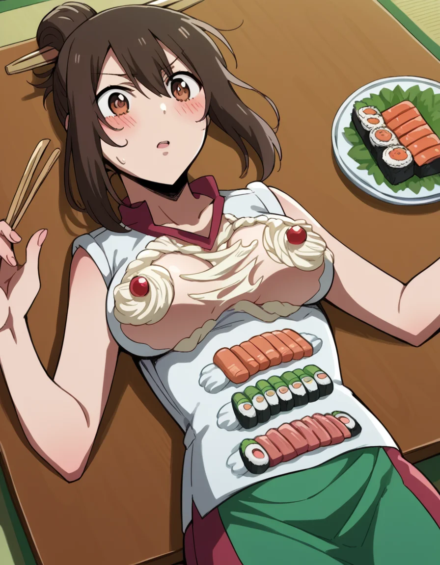 score_9, score_8_up, score_7_up, source_anime, <lora:nozomi-ishizawa-s1-ponyxl-lora-nochekaiser:1>, nozomi ishizawa, skirt, large breasts, brown hair, hair ornament, brown eyes, single hair bun,, <lora:nyotaimori-ponyxl-lora-nochekaiser:1>, nyotaimori, sashimi, food on body, sushi, wasabi, soy sauce, cream, whipped cream, food on breasts, food, cream on body, thighs,, indoors, table, on back, on table, blush,, , dutch angle, cowboy shot