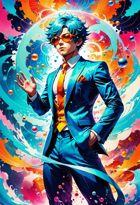 (((masterpiece))) , (((best quality))) , anime style, 2d, professional , high angle shot of a muscular (attractive 1boy, solo:1.3) , disappointed, dressed in formal suit, at Nighttime, Serene, High Contrast, professional, retro-futuristic, optimism, energy, manga, ambient background, magical, aesthetic, ambient light, highly contrasted, romantic, Jed-Splash, colourful, <lora:ColourfulStyle:0.7>