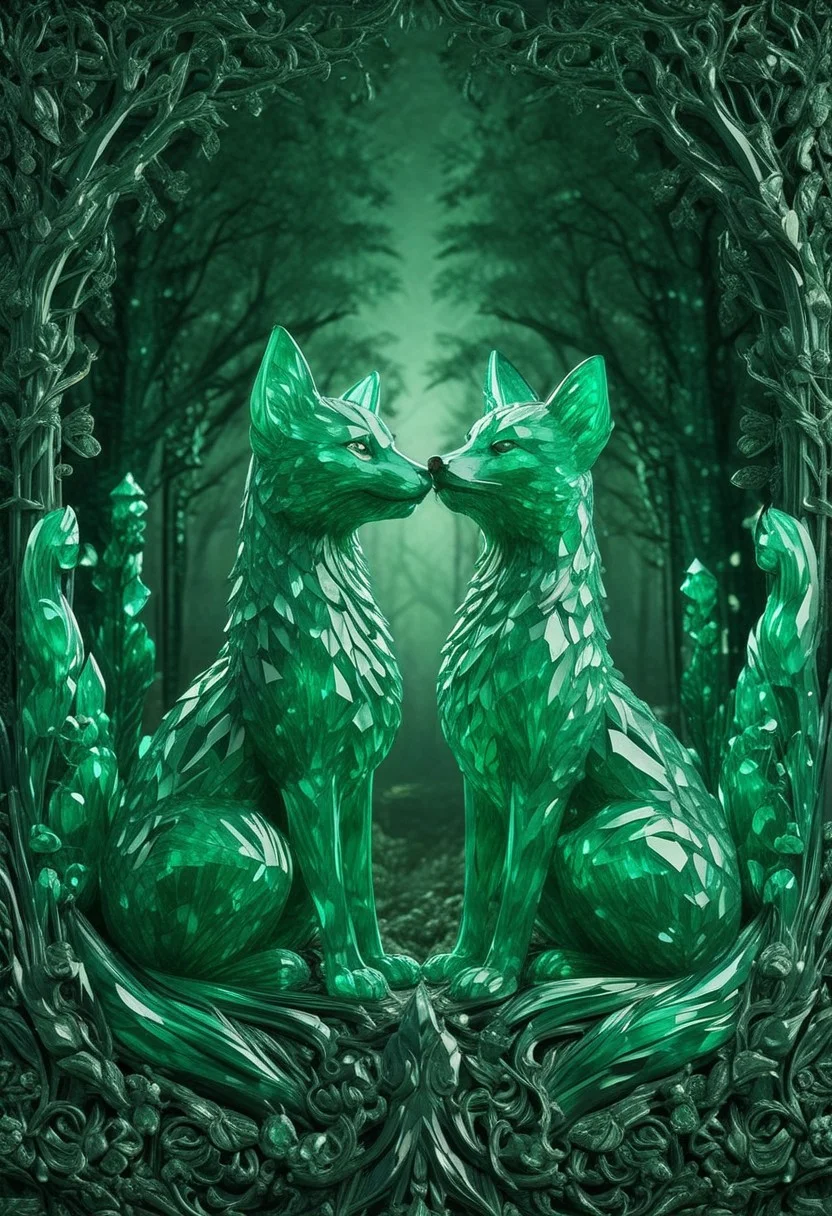 emeraldmorph, two foxes looking at each other, symmetrical, sharp edges, detailed, good composition, 3d sculpture, high detail, glowing against a forest background