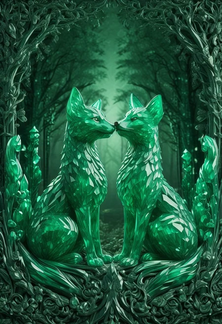 emeraldmorph, two foxes looking at each other, symmetrical, sharp edges, detailed, good composition, 3d sculpture, high detail, glowing against a forest background