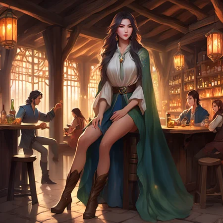 ethereal fantasy concept art of in a tavern flirting with a woman,, ( dusk:1.3), (full body female:1.3), (wearing blouse and cloak and boots), cinematic still of a artist in Taiwan in the summer, Teasing risqu mysterious smirk sensuous sexy erotic alone alone +, a look of severe determination . magnificent, celestial, ethereal, painterly, epic, majestic, magical, fantasy art, cover art, dreamy, minigts,<lora:minigts_sdxl_64:0.85>