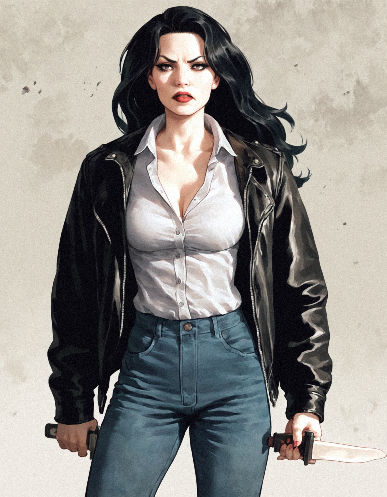 score_9, score_8_up, score_7_up,cms style,1girl,black hair,long hair,leather jacket,jeans,front view,holding knife