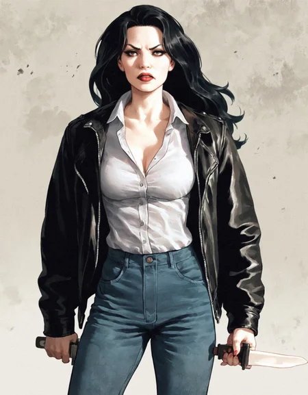 score_9, score_8_up, score_7_up,cms style,1girl,black hair,long hair,leather jacket,jeans,front view,holding knife