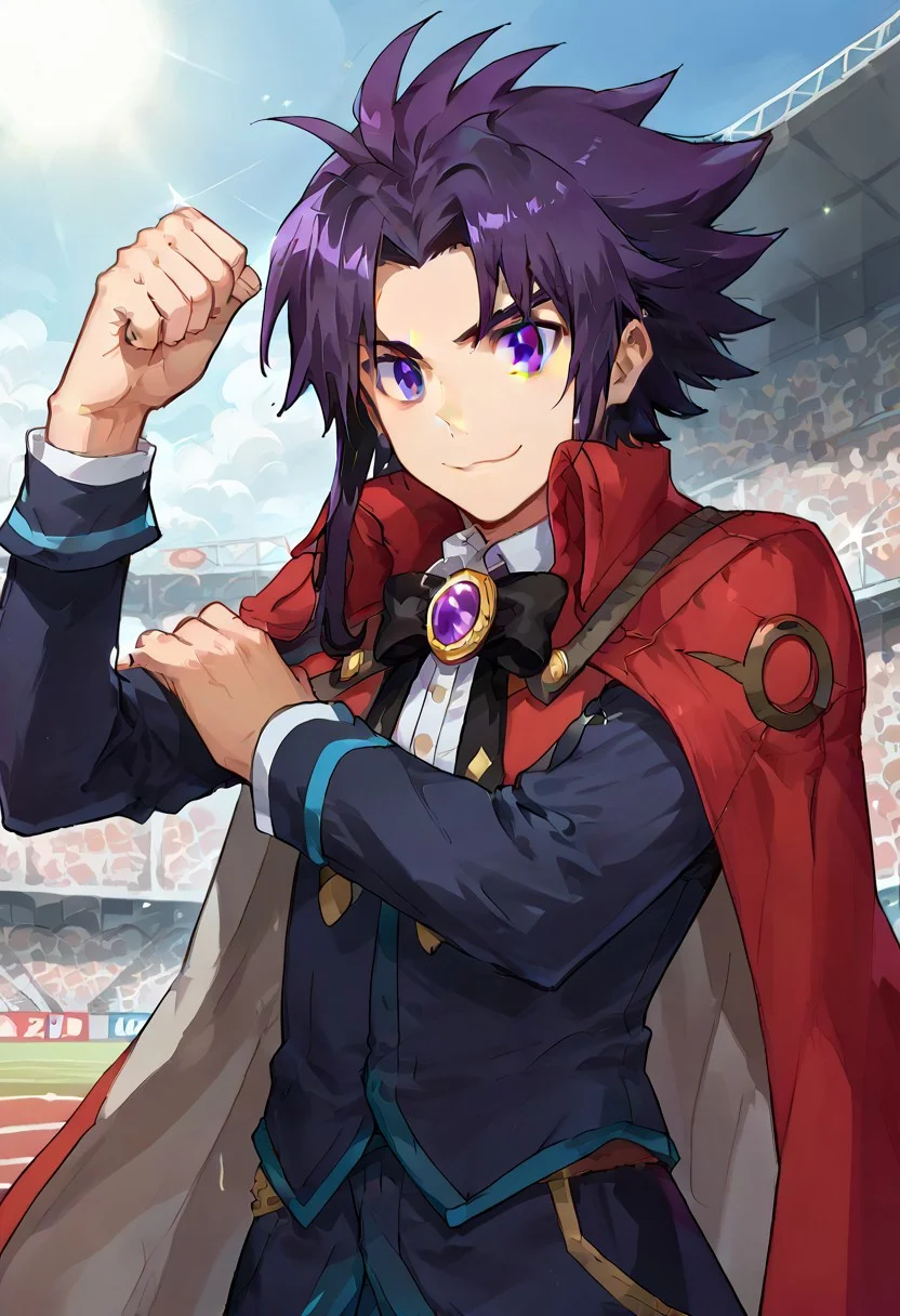 score_8, score_8_up, score_7_up, official art, source_anime, br_d_h, clenched hand, hand on own arm,smile,male focus, 1boy, magician,Libya,spiked_hair,black_hair,purple eyes,smile,cape,<lora:revin_brenten:0.9>,stadium,upper body