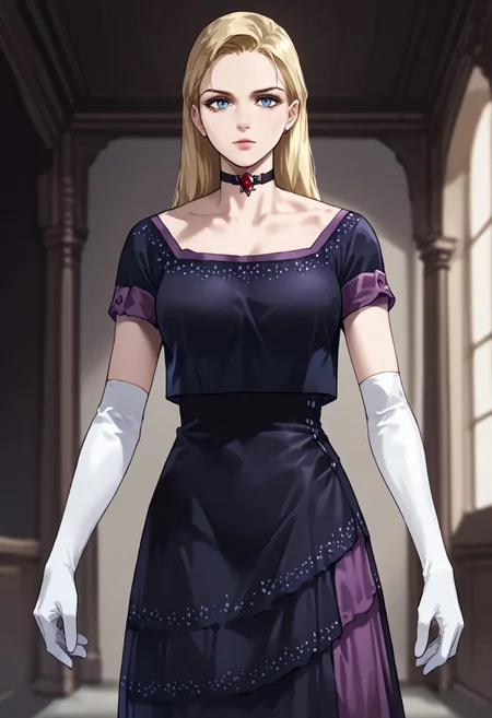 Score_9_up, score_8_up, score_7_up, source_realistic, BREAK 1girl, solo, alexiaash, blonde, long hair, blue eyes, choker, dress, collerbone, breasts, elbow gloves,