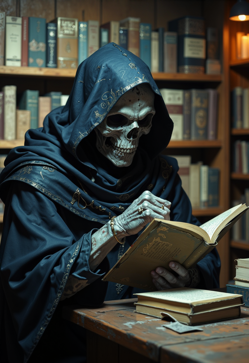 the grim reaper attending a book shop in new york city, ultra realistic, very detailed, 8k, 