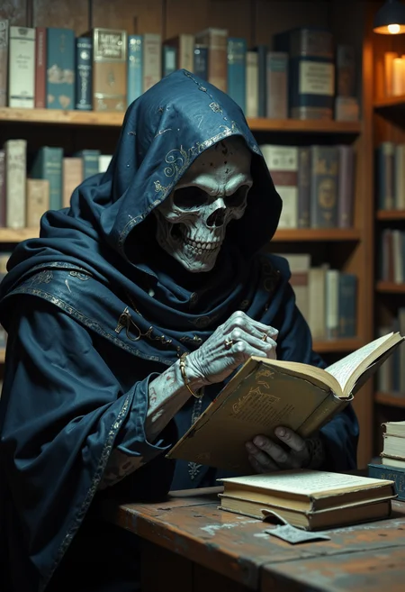 the grim reaper attending a book shop in new york city, ultra realistic, very detailed, 8k,
