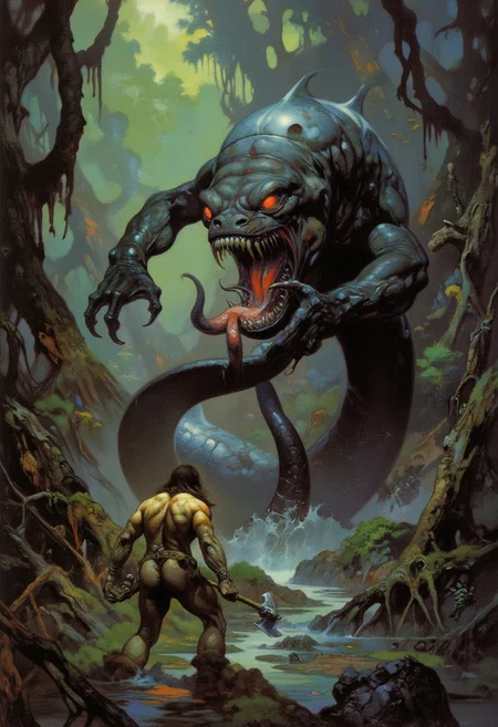 Comic book style 8k high quality digital painting , masterpiece, very detailed, ultra realistic, (best quality) very detailed epic masterpiece,Boris Vallejo style, retro artstyle, score_9, score_8_up, score_9_up, very detailed, ultra realistic, (best quality) full body, very detailed masterpiece, RetroSci style, a prehistoric warrior is attacked by a giant black worm-like monster with long tentacles and glowing eyes, its mouth is glowing from inside, has a shell on its back, fangs, saliva, (muscle-warrior, fur loincloth, big axe, defensive position), rain forest, swamp, little suinlight coming through the trees, dark athmosphere, retro oil painting style, reduced saturation, dramatic lighting, sureal mood, scary, realistic realistic, realism, photo realistic oil painting, photo realistic painting, scary scene, action, scary, best quality, epic scene,  Dungeons and dragons atmosphere, heroic fantasy, fna_style, Comic book style