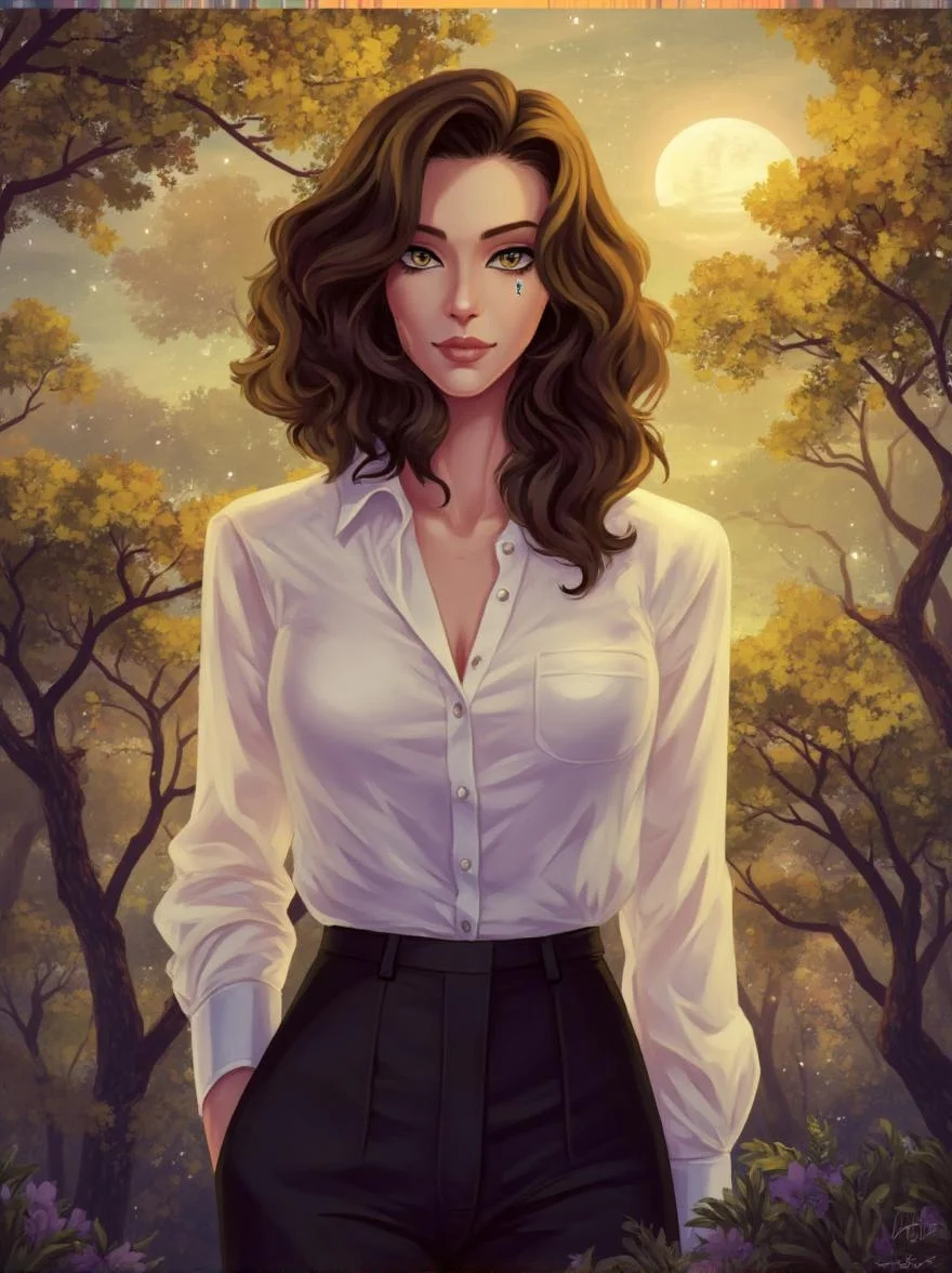 <lora:ck-LttleGhost-000011.safetensors:1> in the style of ck-lttlegh0stThe subject is a digital painting that depicts a serene and mystical atmosphere. It features a brunette woman with cascading curls, standing amidst a forest bathed in a soft, ethereal glow. Her gaze is captivating, set against a backdrop of golden trees under a radiant moonlit sky. The color palette is a blend of soft pastels and vivid hues, creating an otherworldly ambiance.
This digital painting captures the essence of elegance and enchantment, with the woman's stylish attire adding a touch of sophisticated subtlety to her overall demeanor. Her white blouse is crisp and refined, paired with dark trousers that exude confidence and poise. The subtle contrast between her demure clothing and the mystical environment she finds herself in creates an intriguing dichotomy.
As I recreate this subject, I shall focus on every aspect, meticulously detailing each element to transport the viewer into the dreamlike world depicted within.
