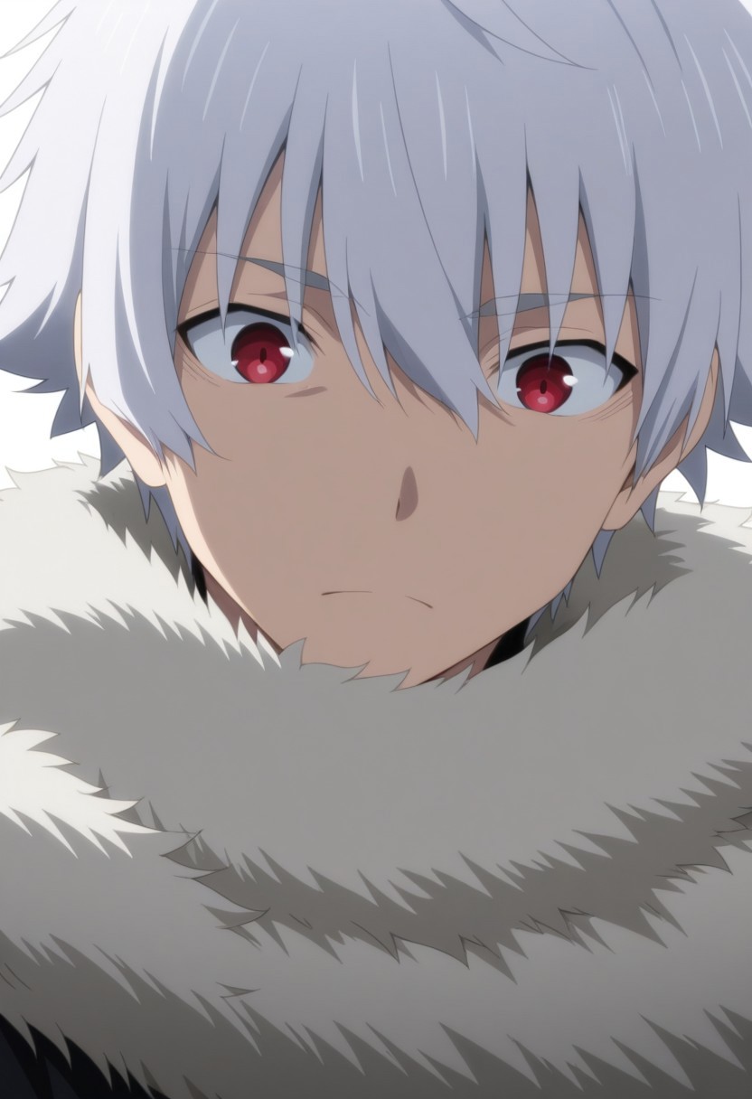 masterpiece,best quality,amazing quality, source_anime, 
NagumoHajime, 1boy, male focus, solo, red eyes, white hair, fur collar,