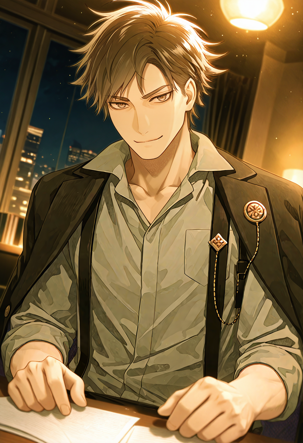 <lora:Morioka_Hajime_Collar__Malice:1>,
1boy,mature male,muscular male,mrk4_hjm3,brown_mhjm3_hair,brown_mhjm3_eyes,
jacket on shoulders,grey collared shirt,suspenders,lapel chain,
sitting,looking at viewer,smile,office,dim lighting,dark,night,illuminated by lamp,desk,
masterpiece,best quality,newest,absurdres,amazing quality,very aesthetic,good quality,very awa,highres,
depth of field,anime screencap,detailed background,subsurface scattering,realistic shading,volumetric lighting,natural lighting,light particles,intricate details,perfect proportions,perfect eyes,
BREAK
visual effects,shadow,dutch angle,dynamic angle,dynamic action,atmospheric perspective,cinematic,intricately detailed illustration