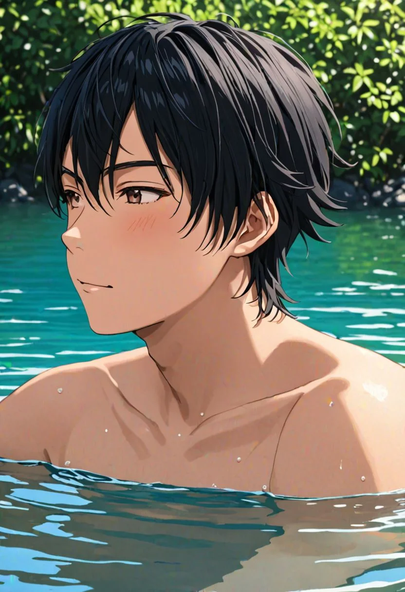 Yuusuke Fujisaki, masterpiece, Candid Photo, best quality, (1boy), solo, male focus, High definition, Black hair, 4K, shirtless, swim on natural lake