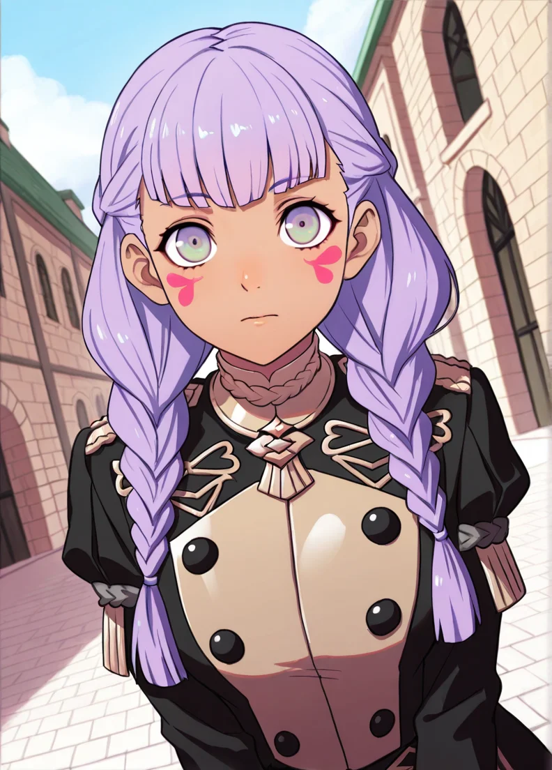 masterpiece, best quality, amazing quality, very aesthetic, absurdres, newest, detailed background, cowboy shot, outdoors, dynamic angle,
fireemblemxd, 1girl, garreg mach monastery uniform, solo, braid, brown eyes, facial mark, long hair, purple hair, upper body, uniform, dark skin, closed mouth, dark-skinned female, breasts
looking at viewer, dynamic pose,
<lora:Fire_Emblem_Style:1>