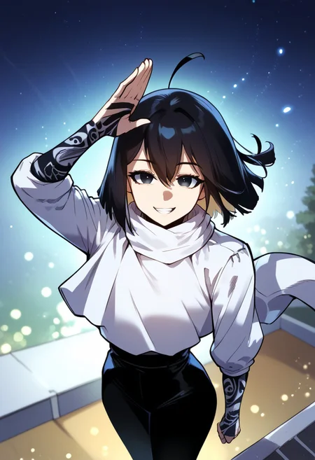zPDXL3, score_9_up, score_8_up, score_7_up, (Anime_source), 1girl, YonaRuncandel, dark eyes, black hair, short hair, Yona clothes, cowboy shot, looking at viewer, parted lips, standing on roof, dessert, particles, night, floating hair, dutch angle, from above, salute, smile