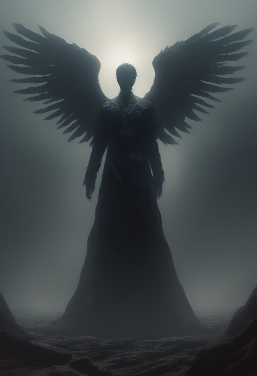 A sorrowful angel with bloodstained wings, standing in a desolate landscape, with a stormy sky above and red tears streaming down its face. CINE