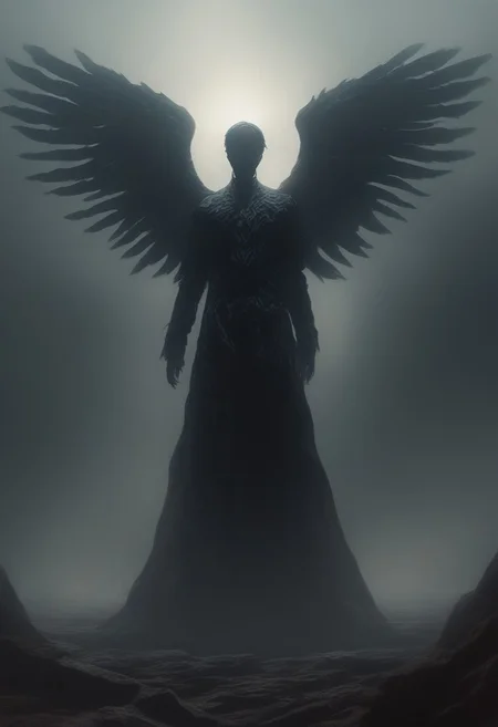 A sorrowful angel with bloodstained wings, standing in a desolate landscape, with a stormy sky above and red tears streaming down its face. CINE
