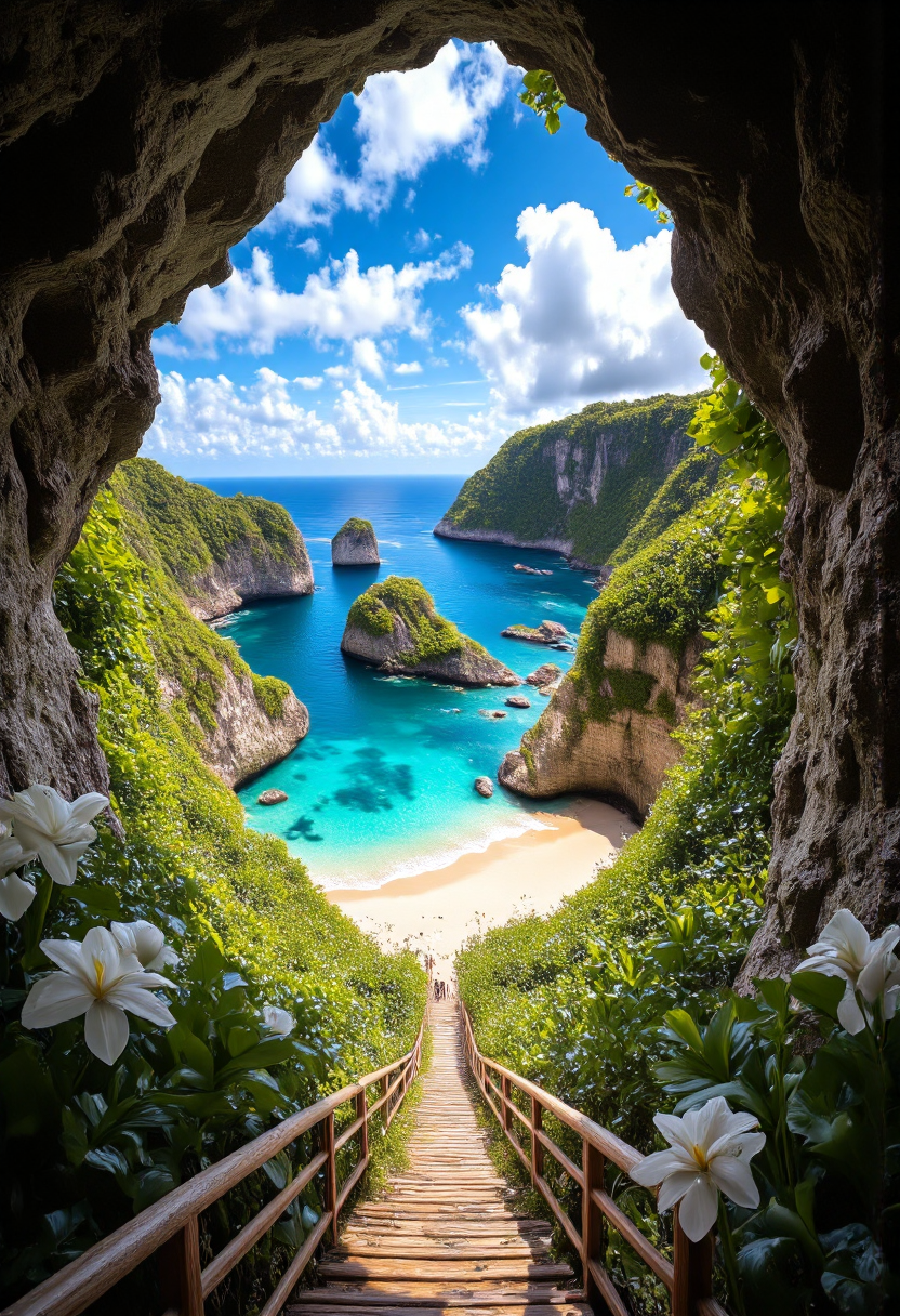 This is a high quality fine art photograph. We are at the exit of a huge cavity in the rock on a long and old wooden staircase lined with plants and big white flowers typical of the jungle, which descends winding along the cliff towards the beach, made of old boards worn by time, typical of an isolated but paradisiacal island, facing the ocean that meets the horizon. On the side, the beach is partially covered by a huge cavity dug by the ocean in a huge cliff bordering the beach and plunging into the ocean. The sky is blue with a few clouds. The turquoise waters sparkle slightly under the bright light of the setting sun. The surface of the water is calm, allowing us to see the sandy bottom through the extremely clear water. The sea extends to the horizon, its vast expanse brushing the sky. In the distance, we can see huge rock formations emerging from the water, like deformed chess pieces covered with dense and vibrant vegetation. They are scattered and lost in the middle of the ocean, creating a breathtaking and unique landscape. A warm glow permeates the entire scene, creating a stunning play of light and shadow. The colors are vibrant and the atmosphere is serene, with lush greenery surrounding the beach and adding to the picturesque beauty of the moment. The beach is partially covered by a cliff that overlooks the ocean, adding a touch of drama to this idyllic setting. It creates a truly breathtaking and picturesque moment.