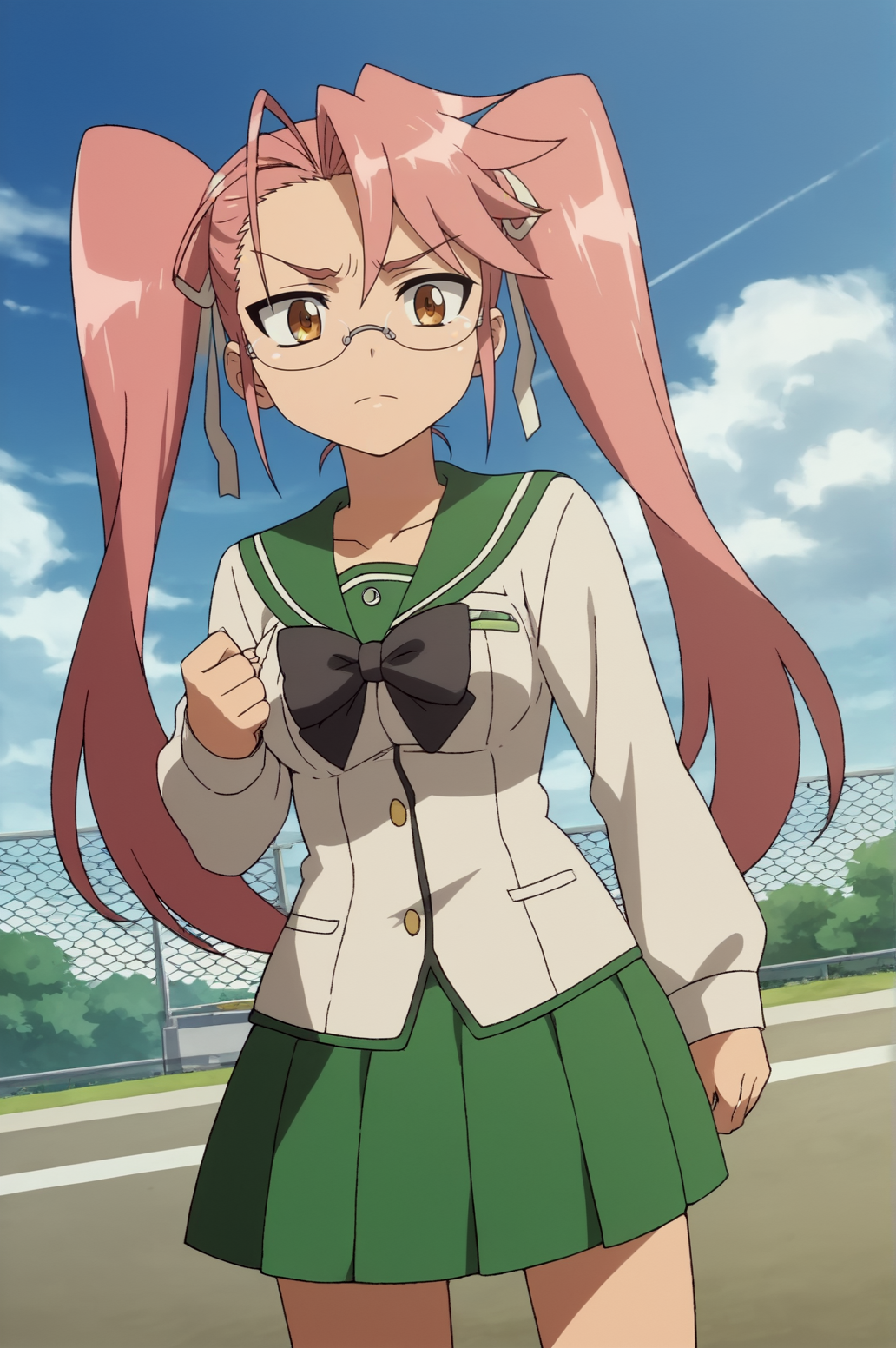 score_9, score_8_up, score_7_up,anime_source, source_anime, best background, detailed background, anime screencap,  Saya, bow, glasses, hair ribbon, ribbon, school uniform, skirt, dynamic angle, dynamic camera, <lora:JN_Saya_Takagi:0.8>
