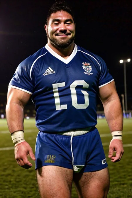 realistic photo of muscular japanbearkong wearing blue rugby shirt, big pecs, big arms, bulge, white rugby shorts, muscular, chubby, intricate, (steel metal [rust]), elegant, erotic, exuding sexual energy, homoerotic, sharp focus, photo by greg rutkowski, soft lighting, vibrant colors, (masterpiece), ((rugby field)), (detailed face), looking at viewer, light smile, night, walking towards viewer, cinematic lighting, beautiful lighting, cinematic lighting, (hazy filter, film grain:1.2)