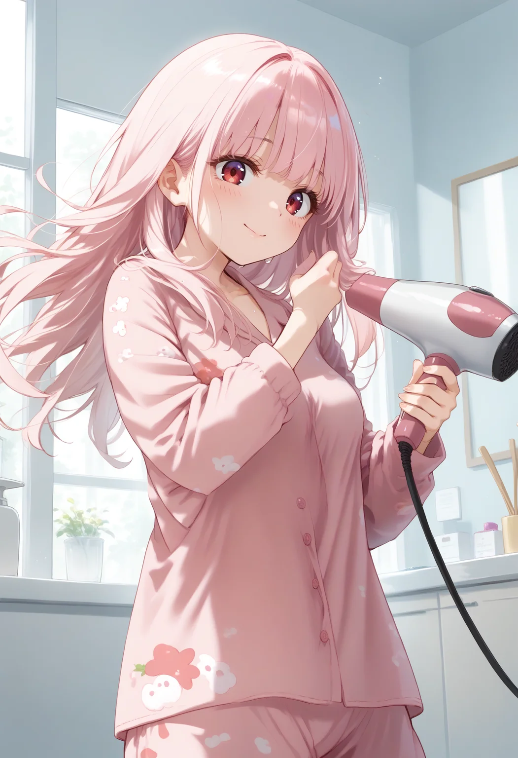 score_9, score_8_up, score_7_up, source_anime,
1girl,solo,medium breasts,
hair dryer,drying hair,pajamas, wet hair ,floating hair,wind, after bathing,hand in own hair ,indoors,<lora:hairdryer_Pony_v1:0.8>
dutch angle, panorama shot, looking ahead, pink hair, red eyes,laugh, closed mouth, multi-tied hair,