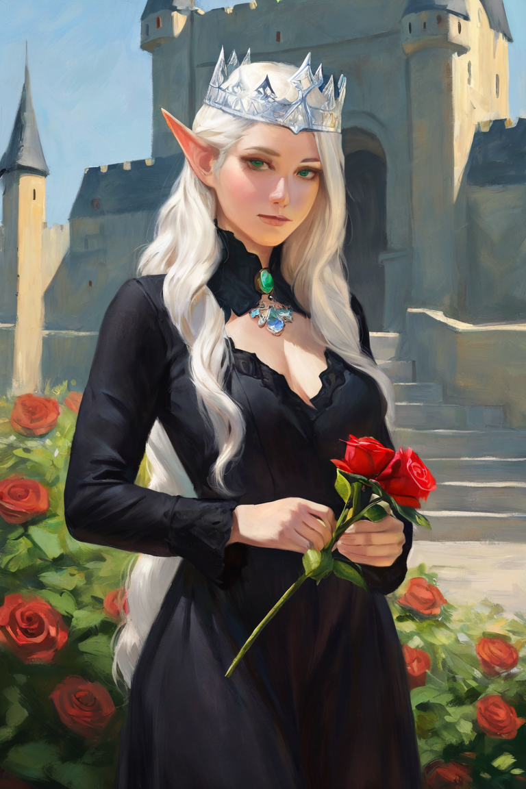 masterpiece, best quality, highres, newest, traditional media, realistic, 1girl, solo, mature female, elf, pointy ears, breasts, long hair, very long hair, white hair, green eyes, portrait, looking at viewer, medium breasts, high collar, long dress, black dress, crown, silver crown, holding, holding flower, rose, red rose, necklace, jewelry, closed mouth, cowboy shot, standing, outdoors, castle <lora:Eldritch Oil [LoRA] - NoobAI-XL EPS 1.0:1>