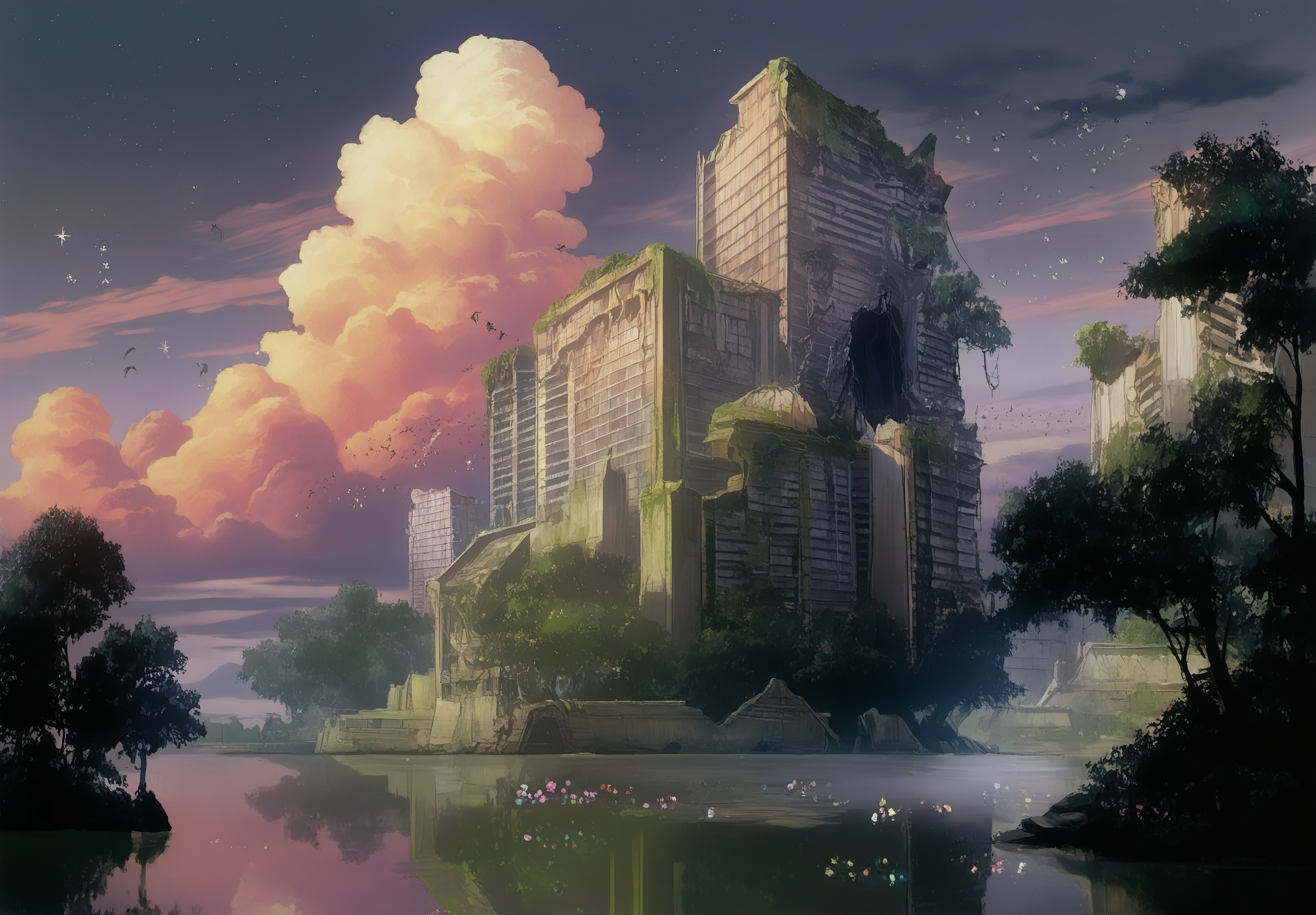 masterpiece,absurdres,best quality,high quality,<lora:GITS1995_XL Vpred Noob:1>,scenery,no humans,ruins,building,dusk,cumulonimbus cloud,multicolored cloudy sky,star \(sky\),bird,river,sparkle,tree,flower,